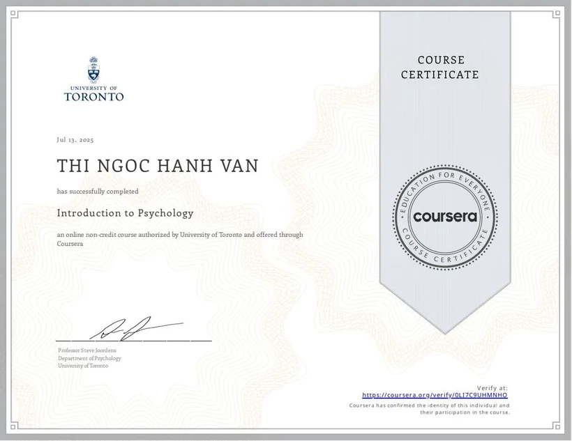 Chứng chỉ Introduction to Psychology, University of Toronto